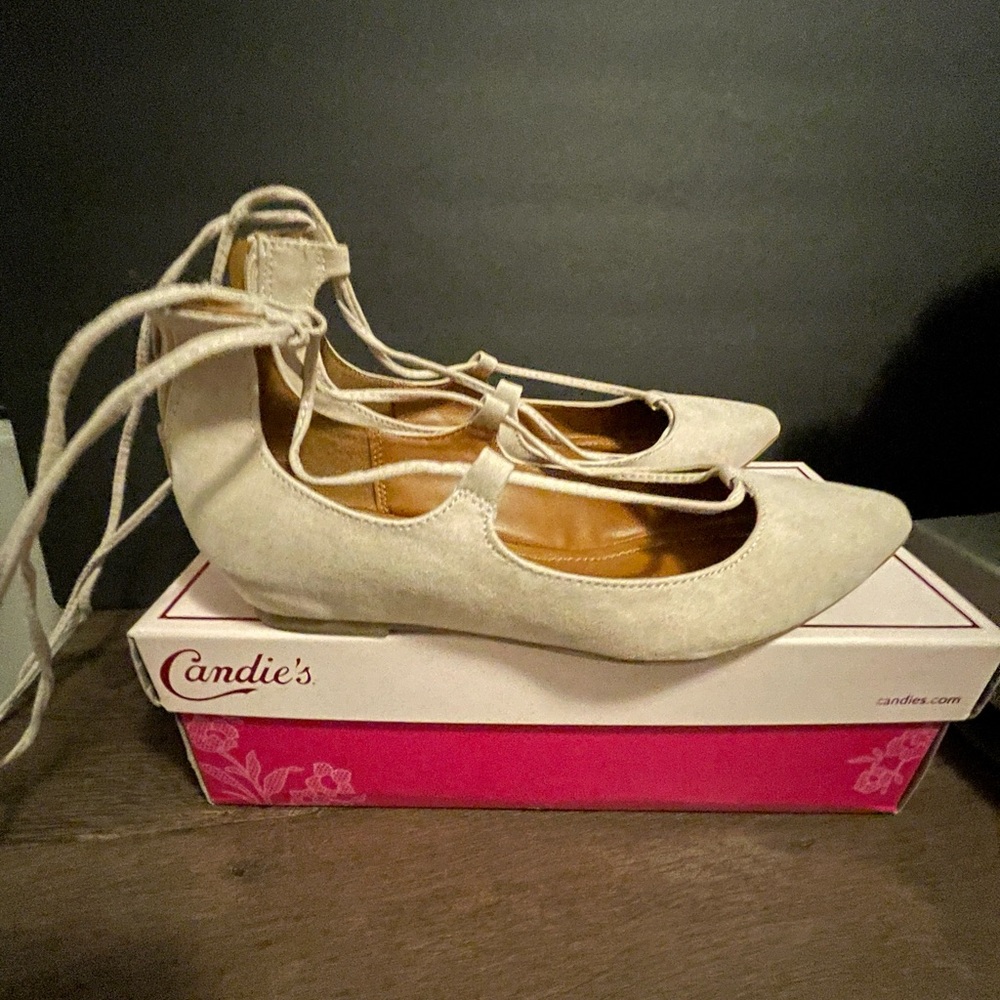 Candies- Blush Pink pointed flats. Size 7.5. Never been worn. Wrap straps.